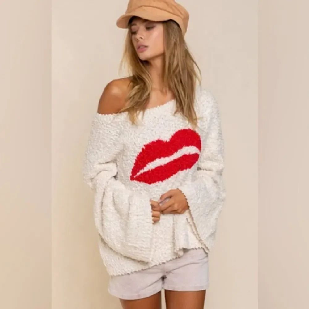 Anthropologie POL Cream Oversized Off-Shoulder Sweater with Red Lips